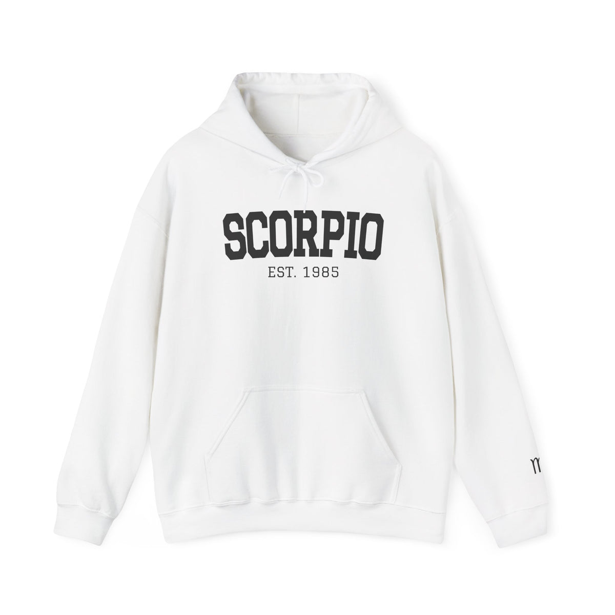 The Zodiac Hoodie with SCORPIO above EST 1985 in muted gold.
