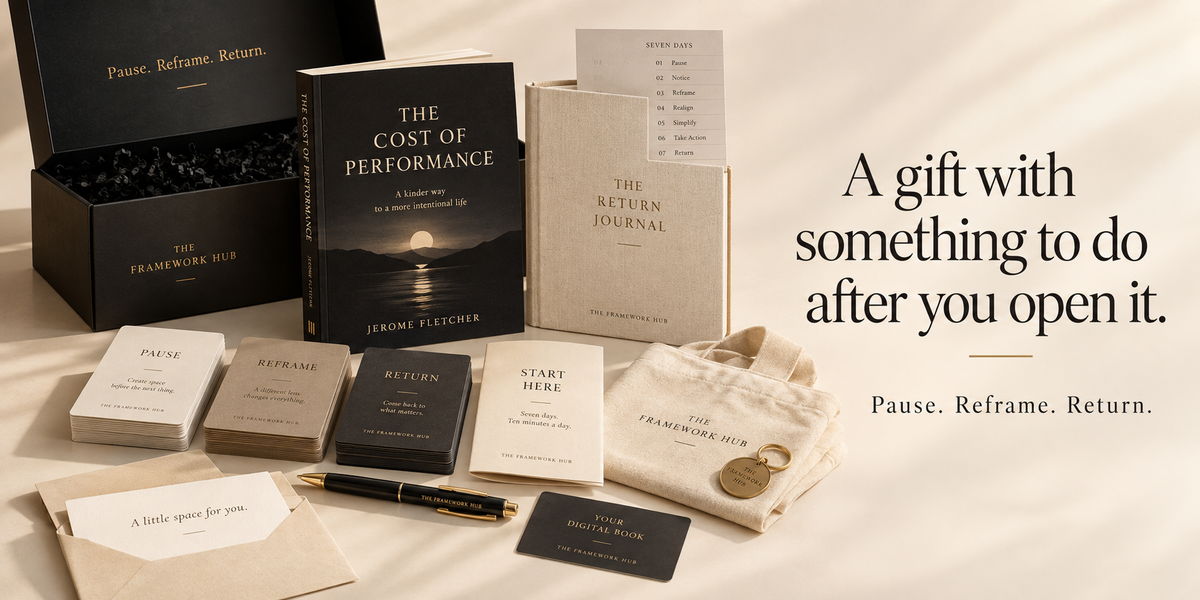 Return Essentials gift box by The Framework Hub: The Cost of Performance, The Return Journal, practice cards and Start Here guide