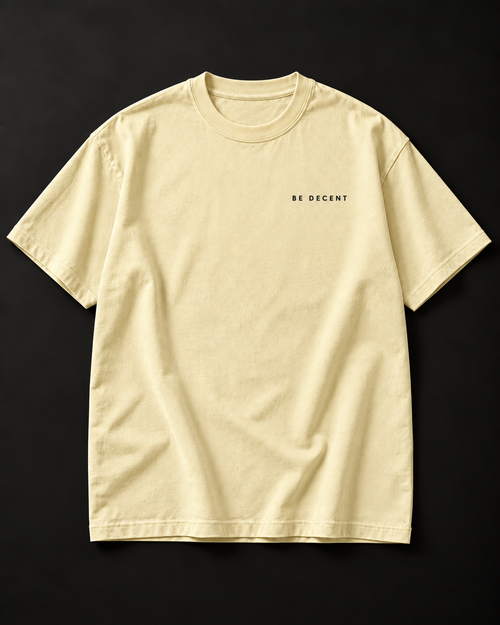 BE DECENT heavyweight tee with small wide-spaced left chest print