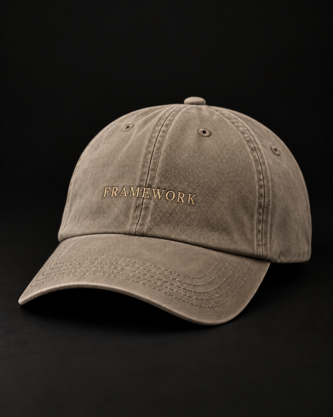 FRAMEWORK washed twill dad cap in stone with muted gold embroidery.
