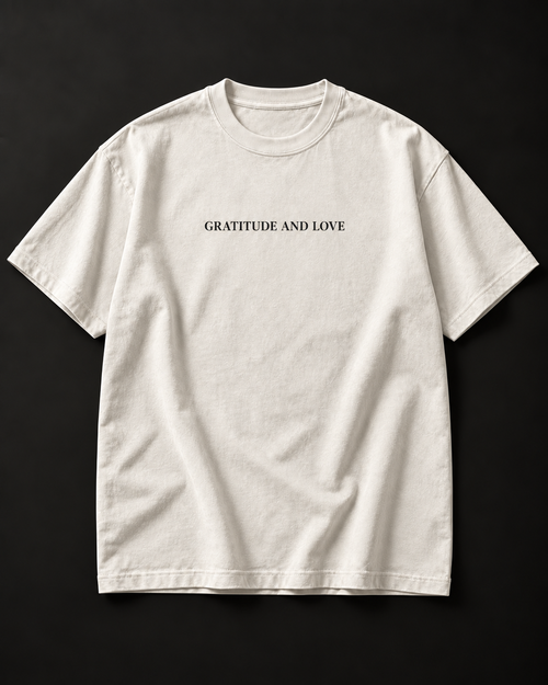 GRATITUDE AND LOVE heavyweight tee with small serif chest print