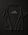 I AM ALIGNED heavyweight tee in washed charcoal with a small serif chest print.