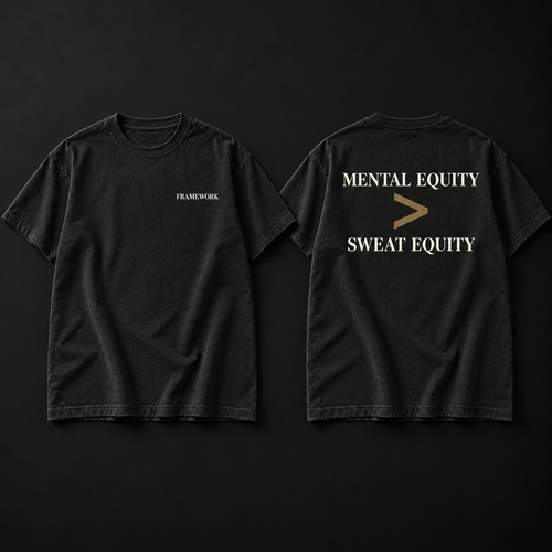 MENTAL EQUITY > SWEAT EQUITY heavyweight tee with back print of MENTAL EQUITY over a muted gold greater-than sign