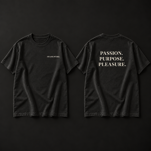 PASSION. PURPOSE. PLEASURE. heavyweight tee with three-line stacked serif back print