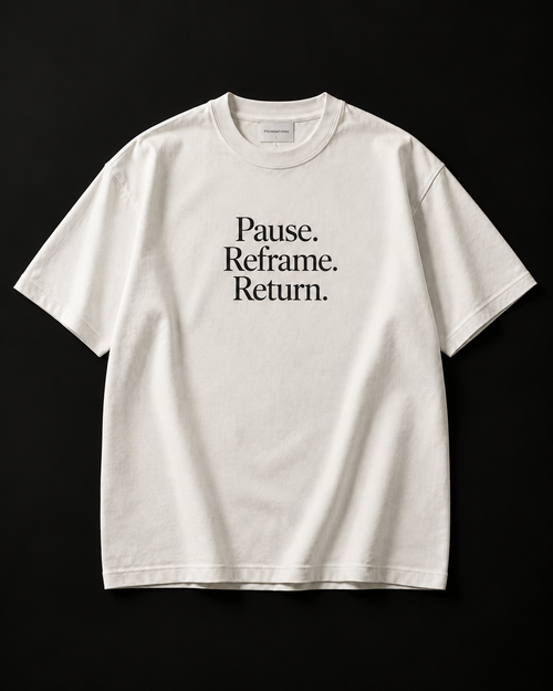 The Reset ivory tee with black Pause. Reframe. Return. print