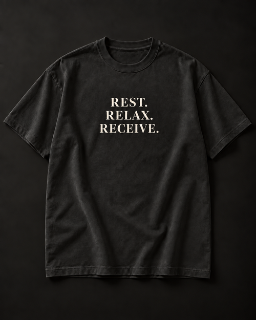 REST. RELAX. RECEIVE. heavyweight tee with three-line stacked serif front print