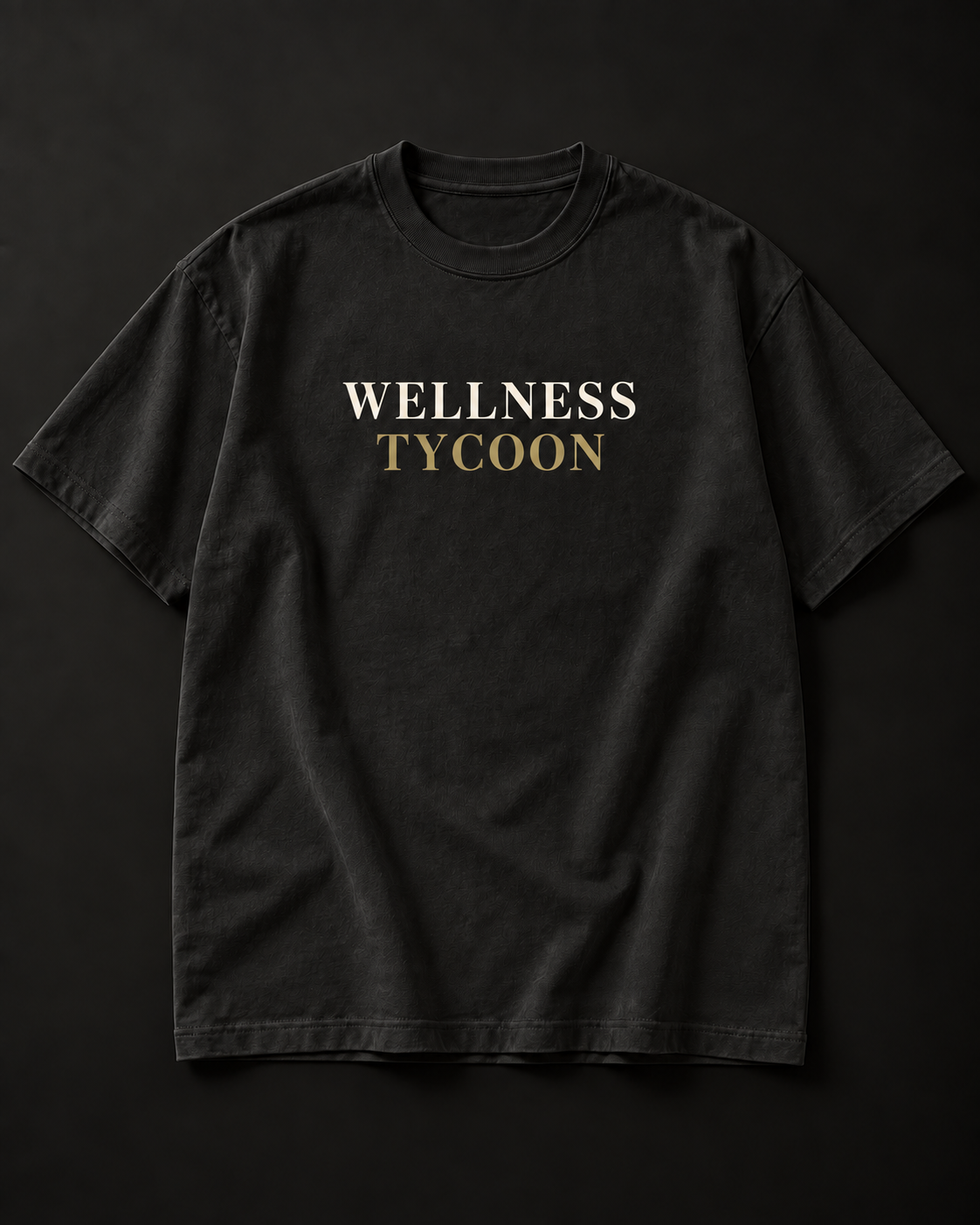 WELLNESS TYCOON heavyweight tee with two-line serif front print, TYCOON in muted gold