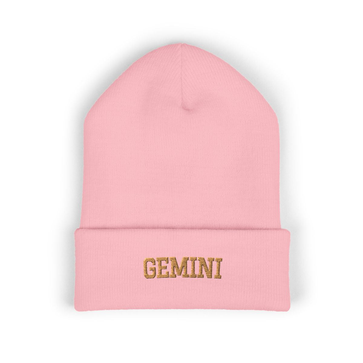 The Zodiac Beanie, Gemini, old gold thread, baby pink beanie