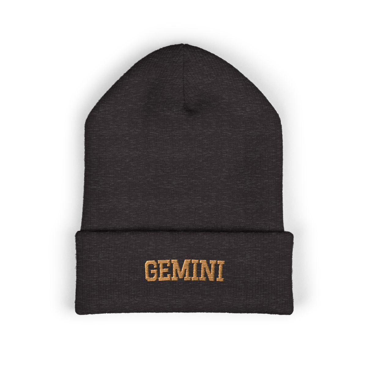 The Zodiac Beanie, Gemini, old gold thread, dark grey beanie