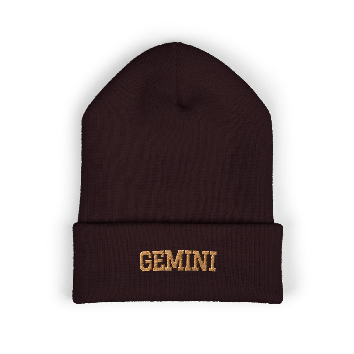 The Zodiac Beanie, Gemini, old gold thread, brown beanie