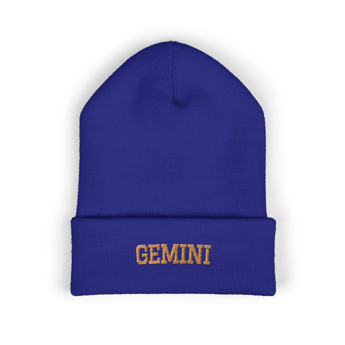 The Zodiac Beanie, Gemini, old gold thread, royal beanie