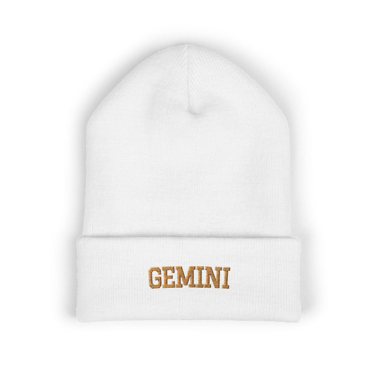 The Zodiac Beanie, Gemini, old gold thread