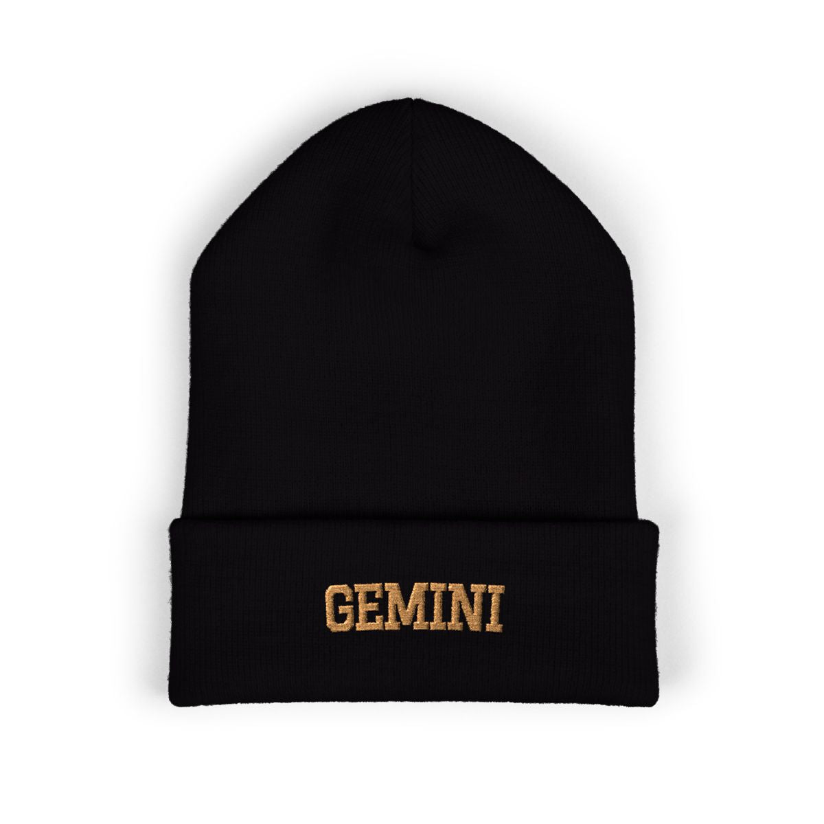 The Zodiac Beanie, Gemini, old gold thread, black beanie
