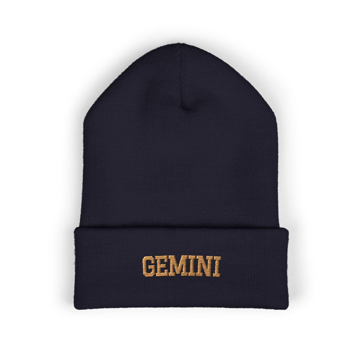 The Zodiac Beanie, Gemini, old gold thread, navy beanie
