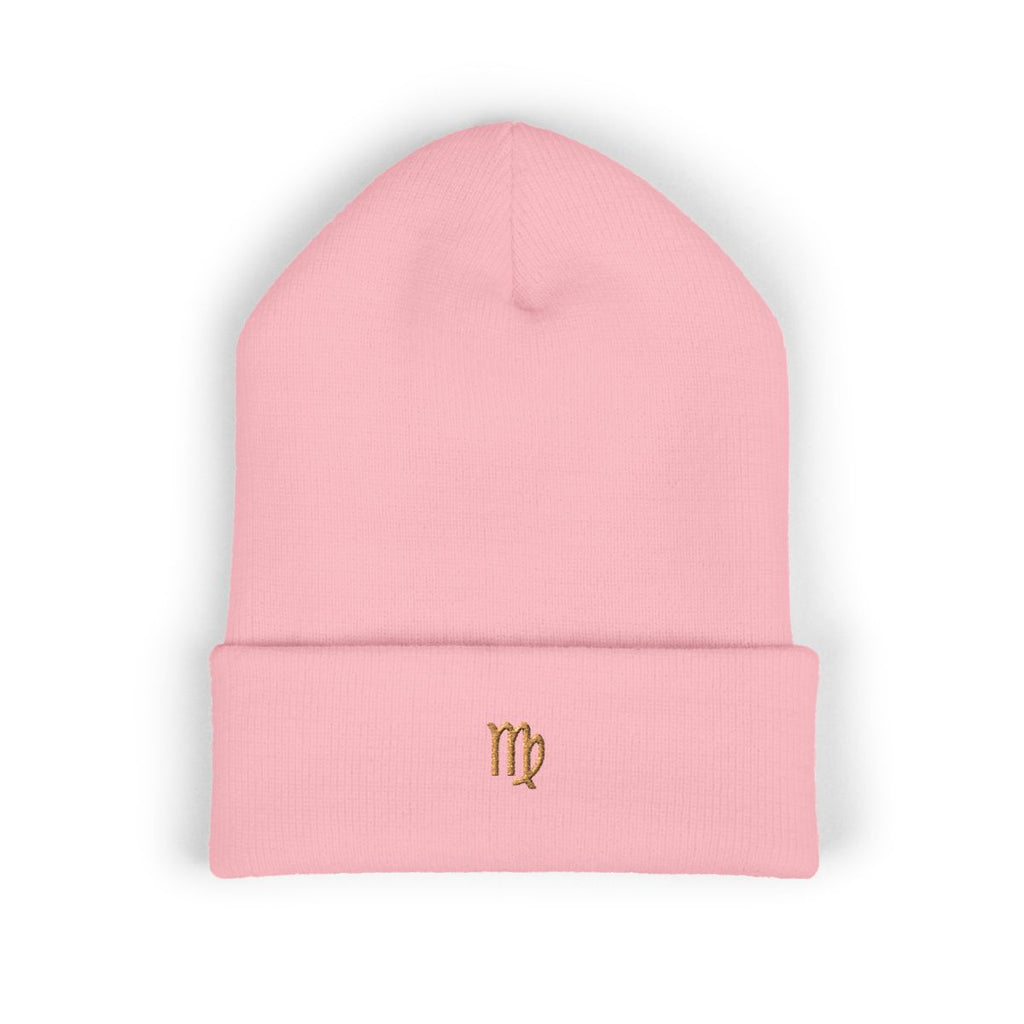 The Zodiac Glyph Beanie, Virgo, old gold thread, baby pink beanie