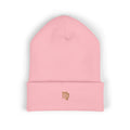 The Zodiac Glyph Beanie, Virgo, old gold thread, baby pink beanie