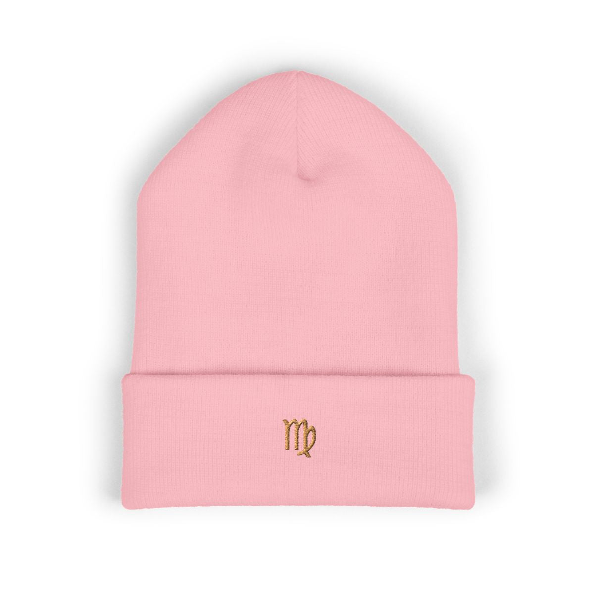 The Zodiac Glyph Beanie, Virgo, old gold thread, baby pink beanie