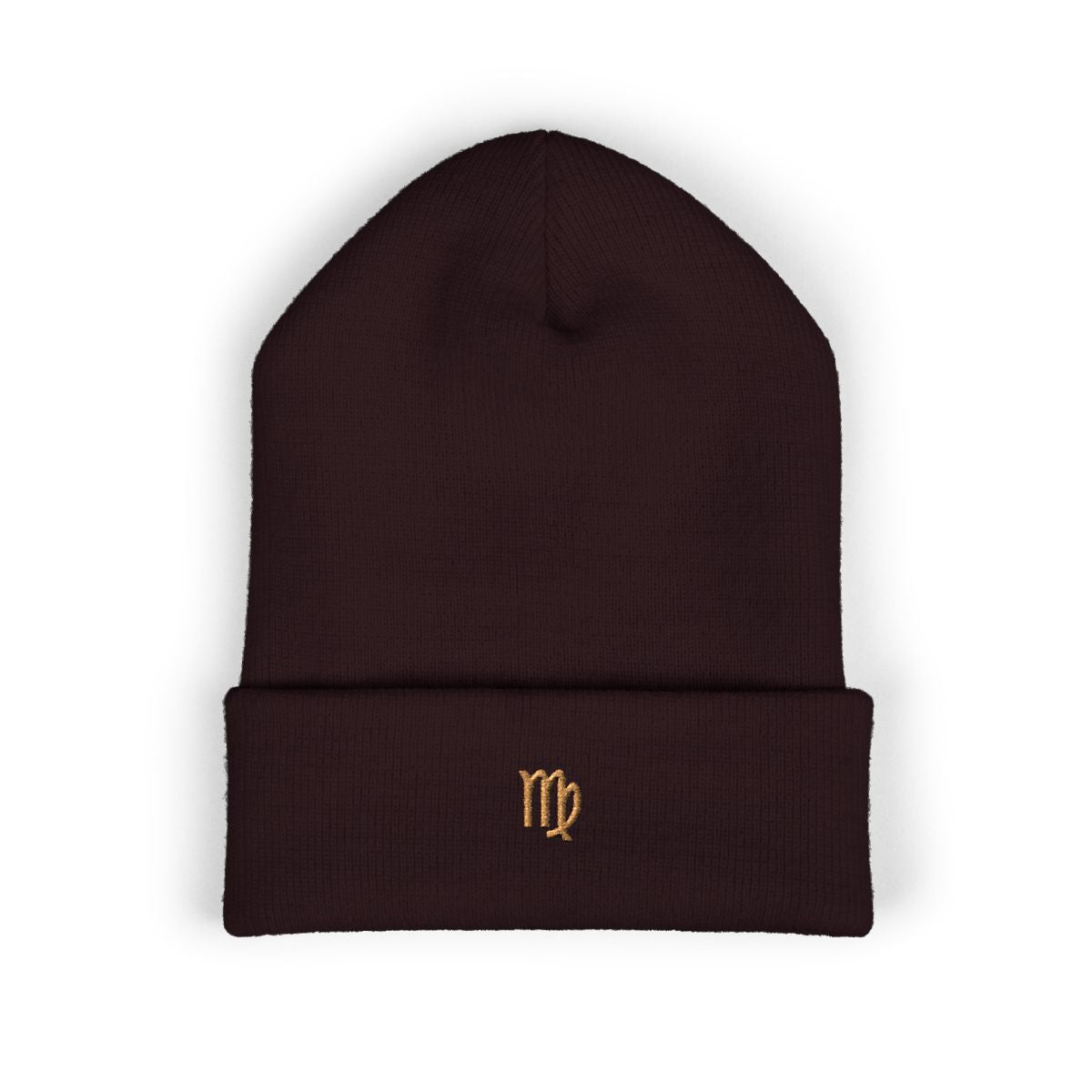 The Zodiac Glyph Beanie, Virgo, old gold thread, brown beanie