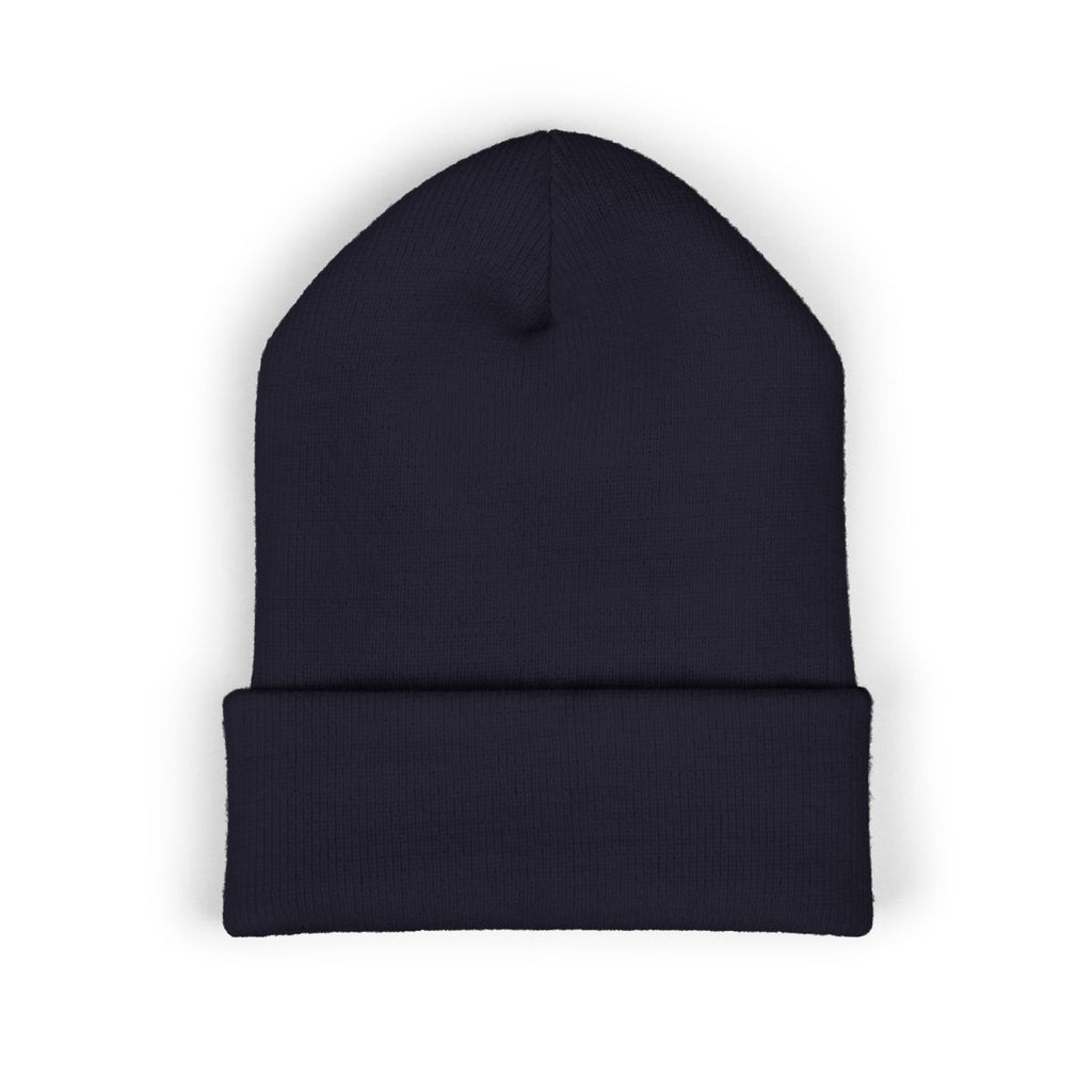 The Zodiac Glyph Beanie, Virgo, old gold thread, navy beanie