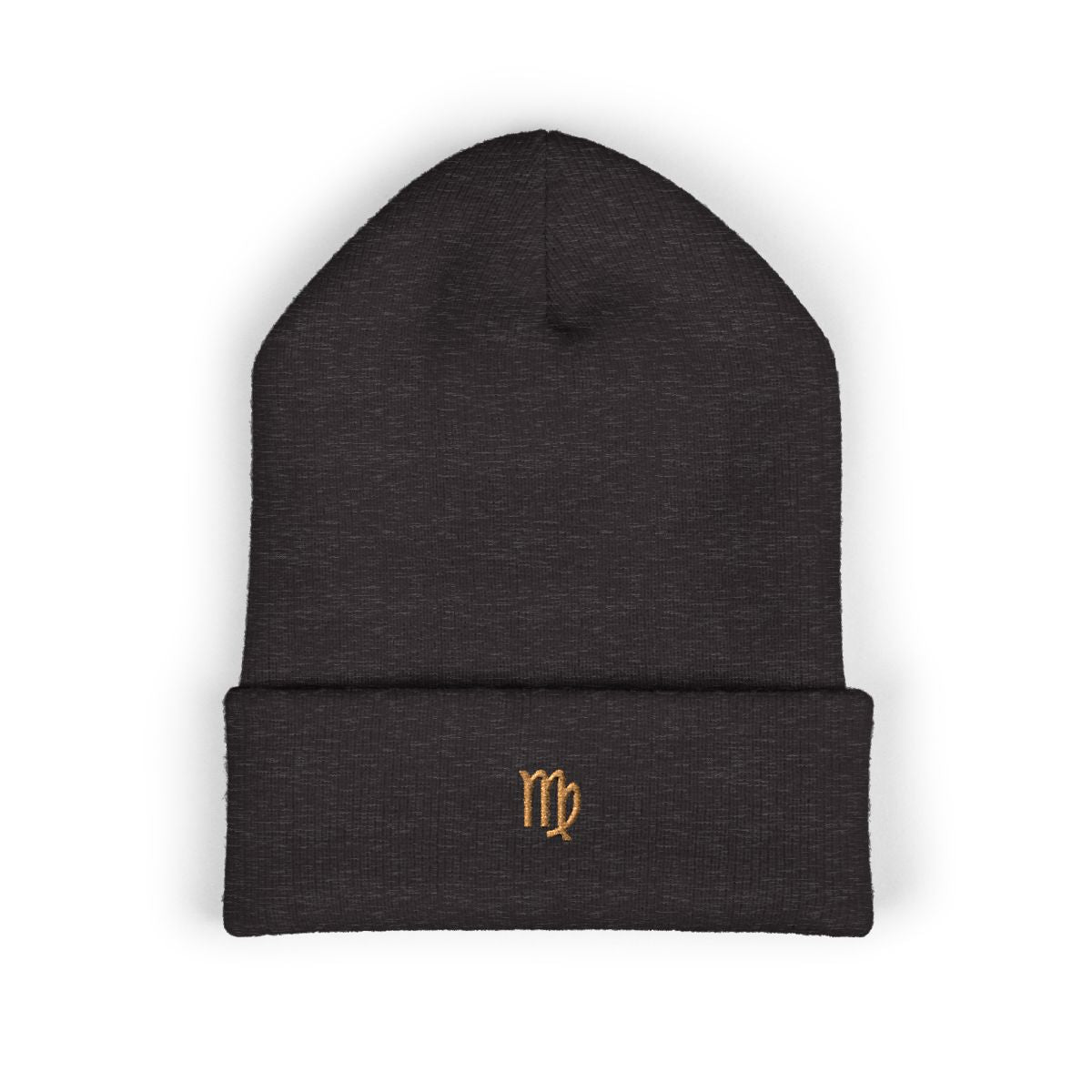 The Zodiac Glyph Beanie, Virgo, old gold thread, dark grey beanie