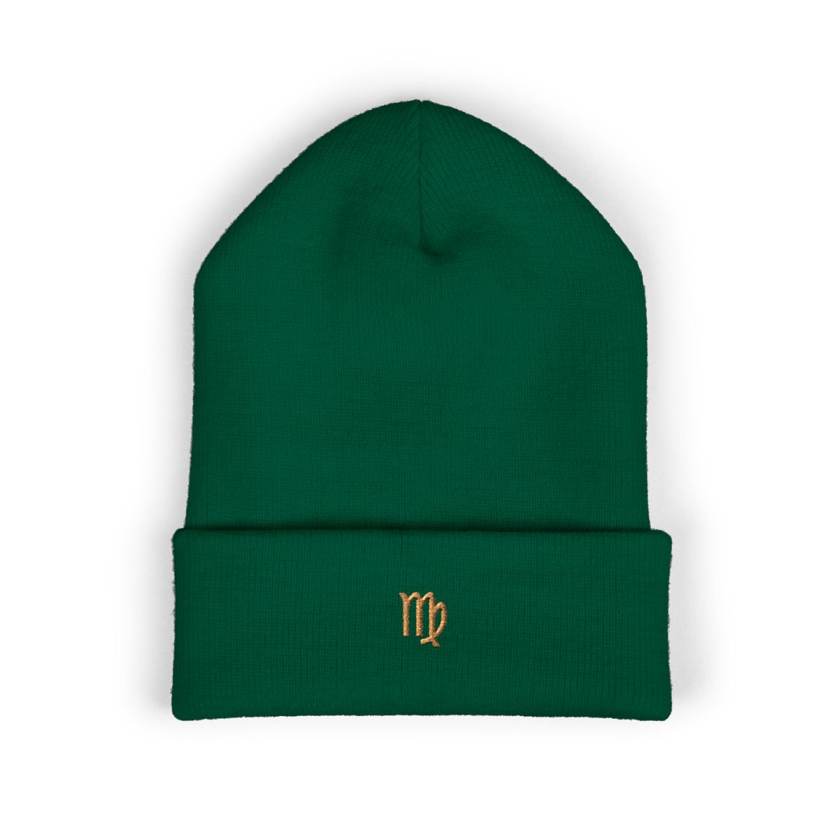 The Zodiac Glyph Beanie, Virgo, old gold thread, spruce beanie