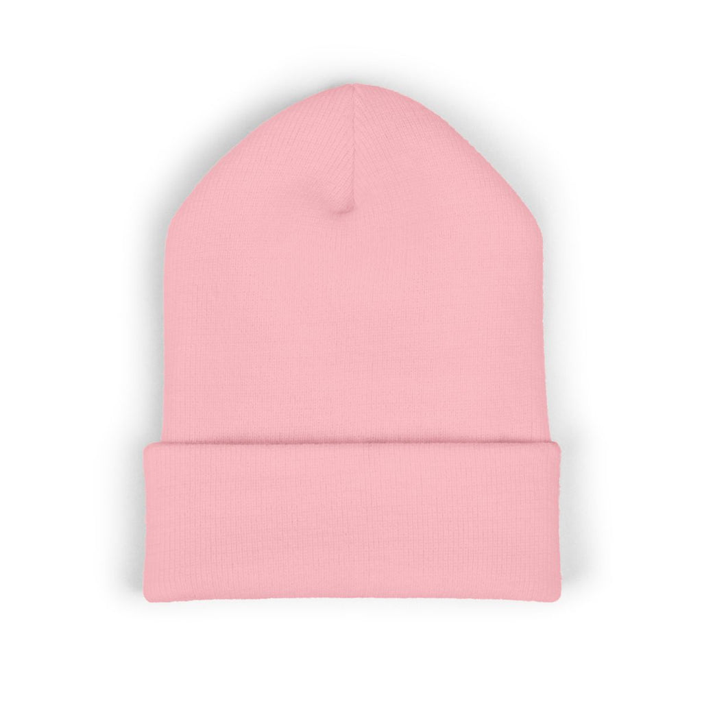 The Zodiac Glyph Beanie, Virgo, old gold thread, baby pink beanie