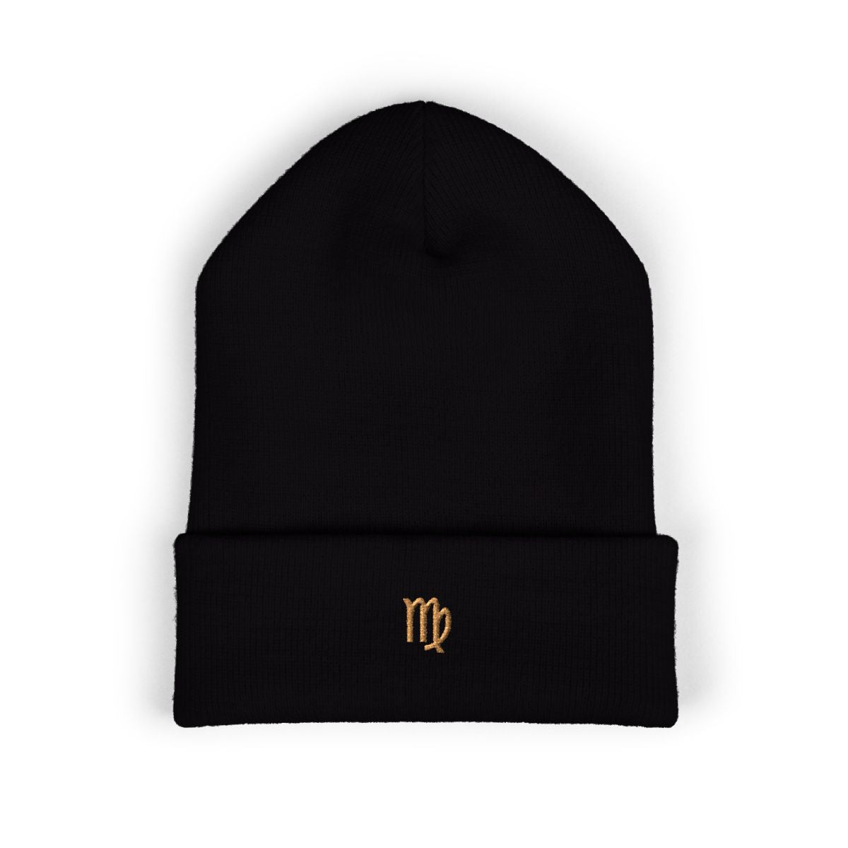 The Zodiac Glyph Beanie, Virgo, old gold thread, black beanie
