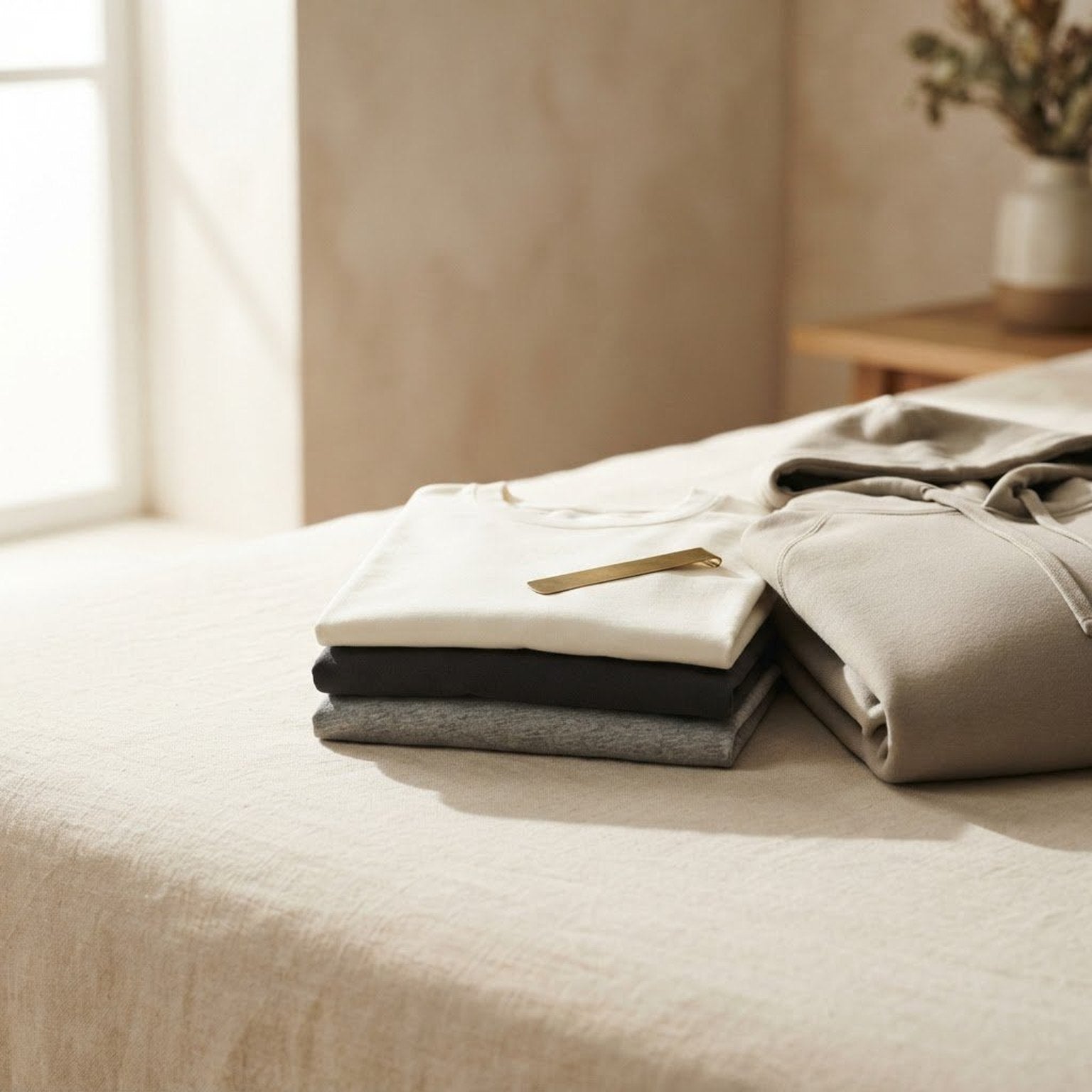 Folded heavyweight Framework Hub tees in bone, stone and charcoal with a brass bookmark on ivory linen