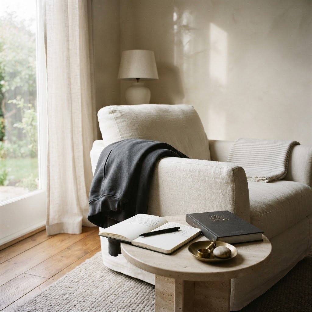Quiet reading corner with a folded charcoal hoodie, open notebook and a book in morning light